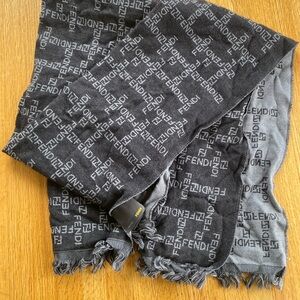 Fendi Charcoal and Light Gray Logo Scarf